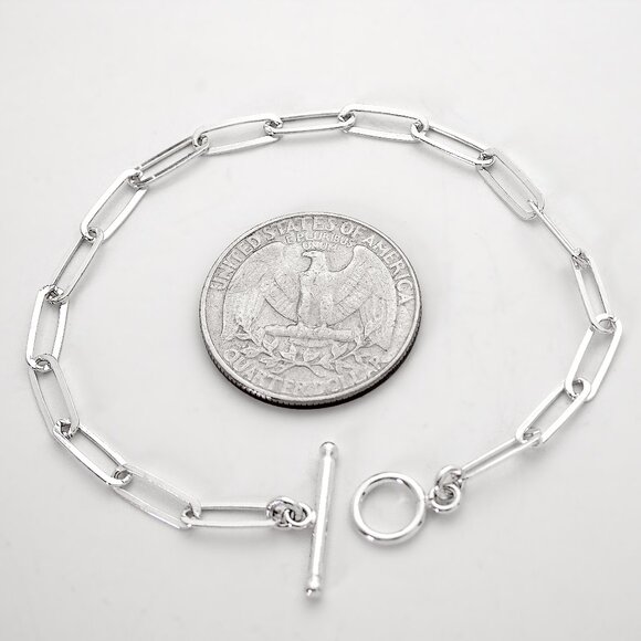 925 Sterling Silver Paperclip Toggle Clasp Bracelet 7 inch, Dainty Bracelet - Picture 3 of 9